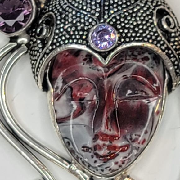 Sterling Silver Pendant with Red Carved Face, Green Gemstone, and Purple Rose - Picture 11 of 12
